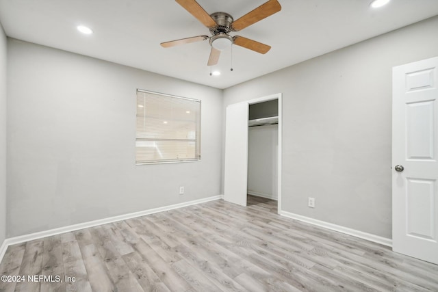 unfurnished bedroom featuring a closet, ceiling fan, and light hardwood / wood-style floors