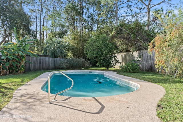 view of swimming pool with a yard