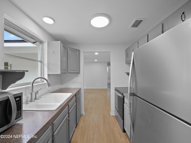 kitchen featuring appliances with stainless steel finishes, sink, gray cabinets, and light hardwood / wood-style floors