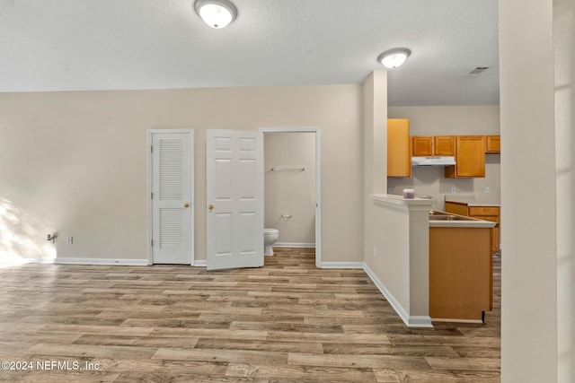 kitchen with light hardwood / wood-style flooring, a textured ceiling, and kitchen peninsula