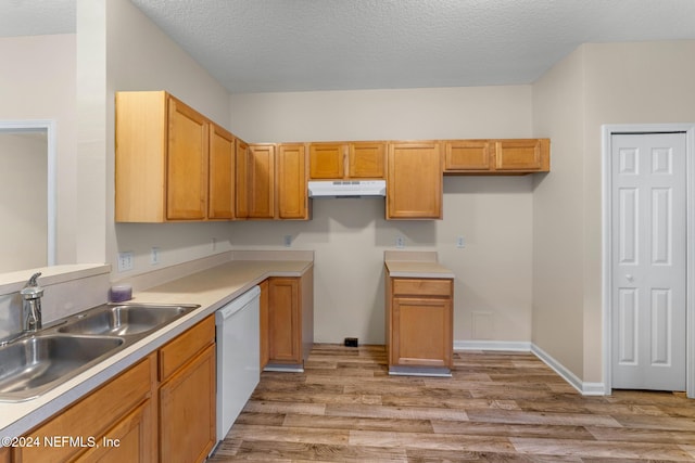 kitchen with light hardwood / wood-style flooring, a textured ceiling, sink, and white dishwasher