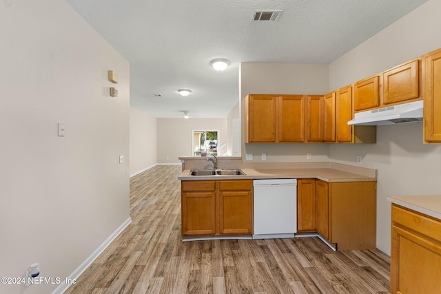 kitchen with sink, a textured ceiling, dishwasher, and light wood-type flooring