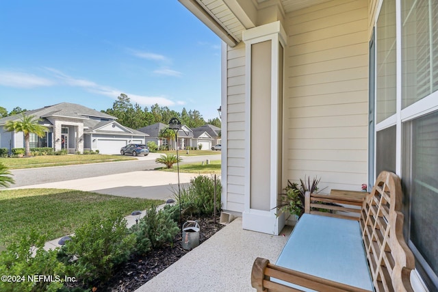 view of patio with a garage