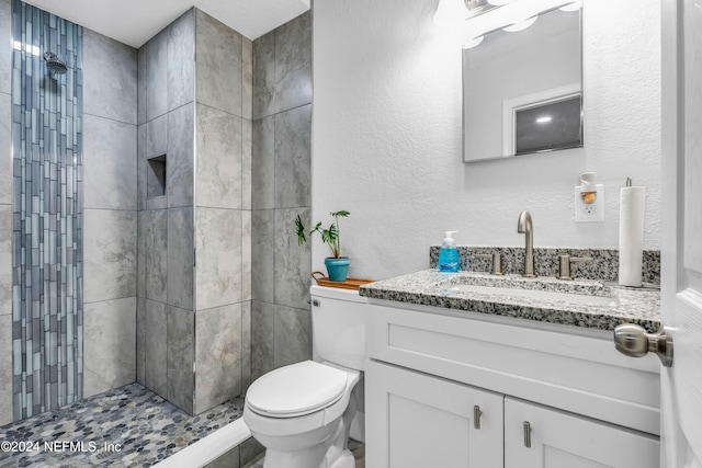 bathroom with a tile shower, vanity, and toilet