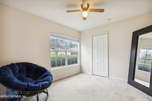 sitting room with ceiling fan, carpet flooring, and a textured ceiling