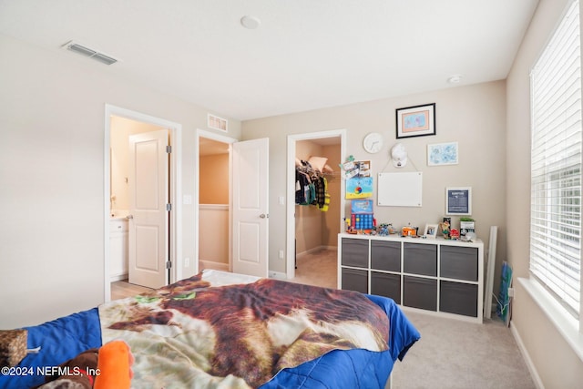 bedroom featuring a spacious closet, light carpet, connected bathroom, and multiple windows