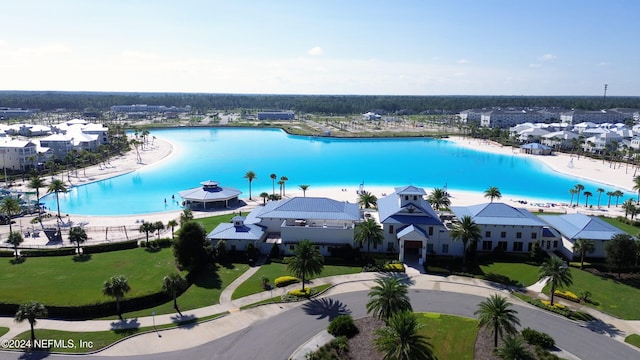 bird's eye view with a water view