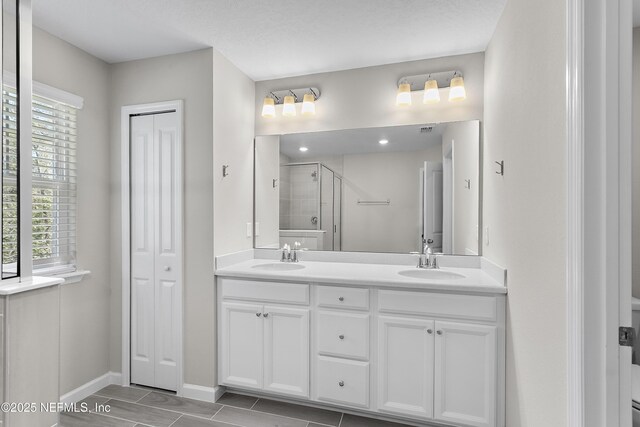 full bath with double vanity, a wealth of natural light, a shower stall, and a sink