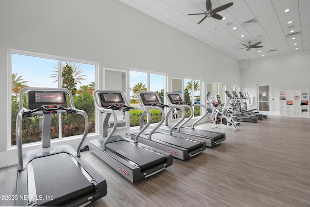 exercise room with a high ceiling, wood finished floors, a ceiling fan, and recessed lighting