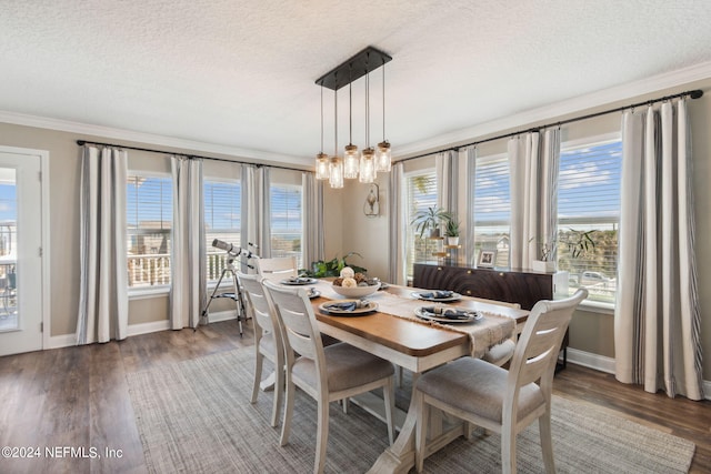 dining space featuring a textured ceiling, plenty of natural light, and dark hardwood / wood-style flooring