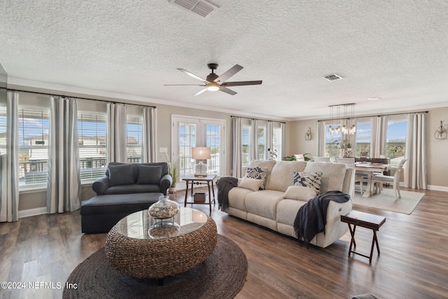 living room with a wealth of natural light, ornamental molding, dark wood-type flooring, and a textured ceiling