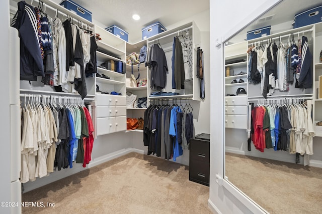 walk in closet featuring carpet flooring