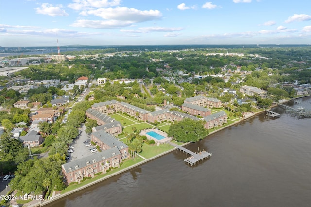 drone / aerial view featuring a water view