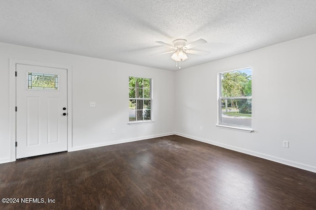 foyer entrance featuring dark hardwood / wood-style floors, a textured ceiling, plenty of natural light, and ceiling fan