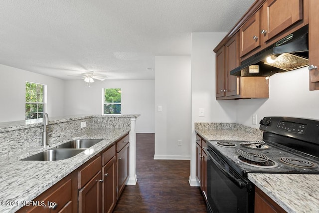 kitchen with sink, dark wood-type flooring, black range with electric stovetop, and a wealth of natural light