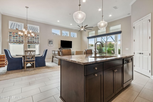 kitchen featuring stainless steel dishwasher, a wealth of natural light, sink, and a kitchen island with sink