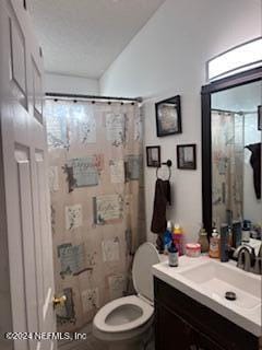 bathroom featuring vanity, toilet, and a shower with curtain