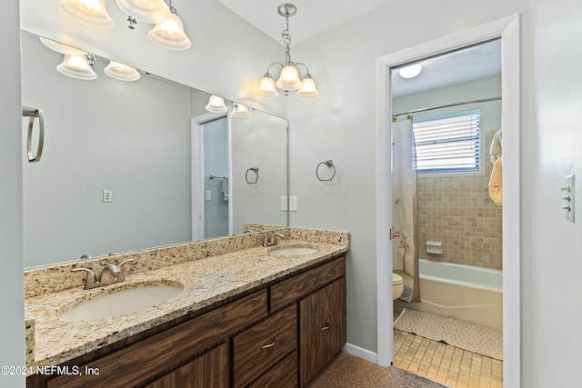 full bathroom with toilet, vanity, shower / bath combination with curtain, and tile patterned flooring