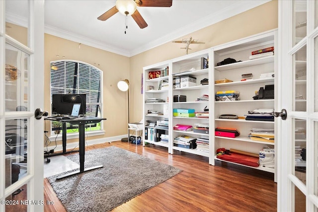 exercise room with dark hardwood / wood-style floors, ceiling fan, ornamental molding, and french doors