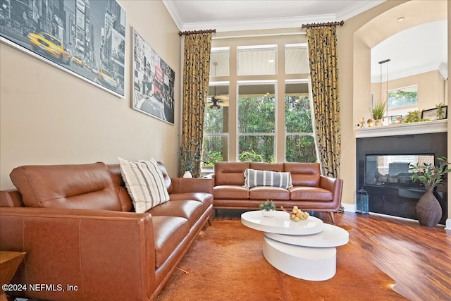 living room featuring hardwood / wood-style floors, plenty of natural light, ceiling fan, and crown molding