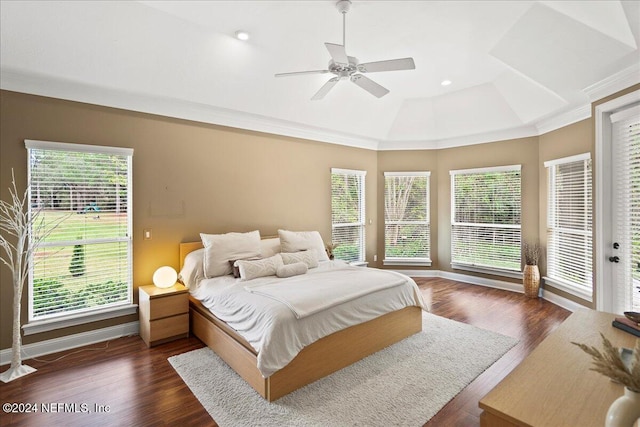 bedroom with ceiling fan, access to exterior, dark wood-type flooring, and crown molding