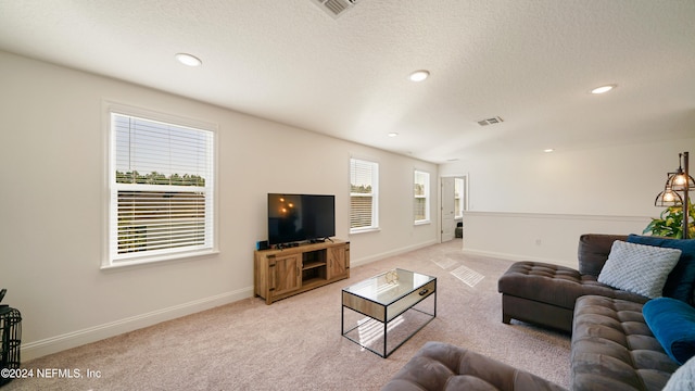 carpeted living room featuring a textured ceiling