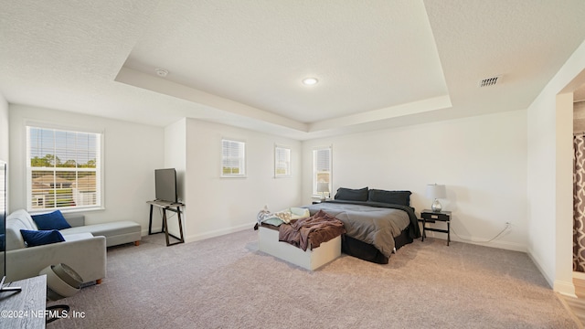 bedroom with a tray ceiling, a textured ceiling, and light carpet