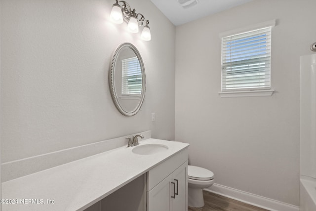 bathroom featuring hardwood / wood-style floors, vanity, and toilet