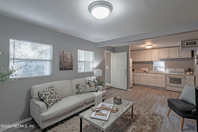 living room with sink and light hardwood / wood-style flooring