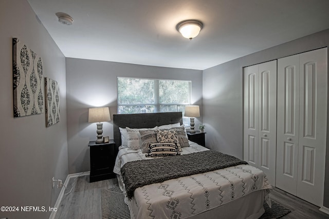 bedroom with a closet and hardwood / wood-style floors