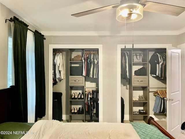 bedroom with ceiling fan and crown molding