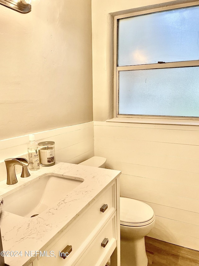 bathroom with hardwood / wood-style floors, vanity, and toilet