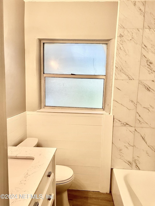 bathroom featuring vanity, toilet, wood-type flooring, and tile walls