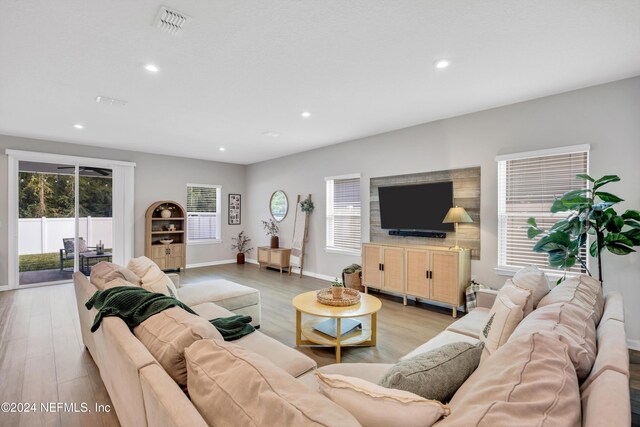 living room with a wealth of natural light and light hardwood / wood-style flooring