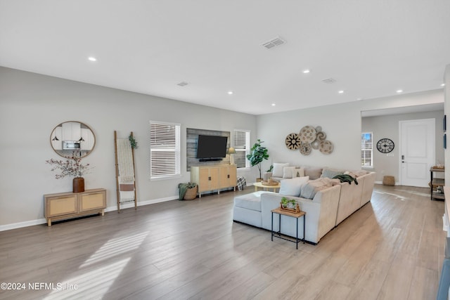 living room featuring plenty of natural light and light hardwood / wood-style floors