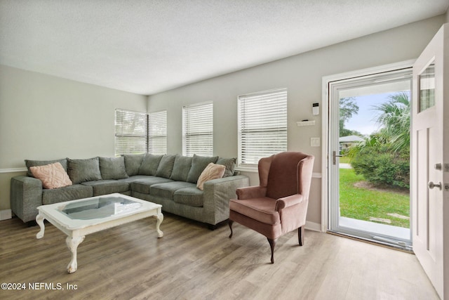 living room with a textured ceiling and light hardwood / wood-style flooring