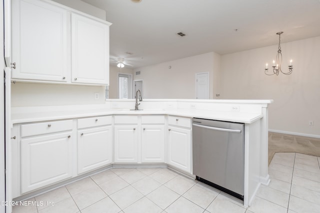 kitchen featuring white cabinetry, kitchen peninsula, ceiling fan with notable chandelier, and stainless steel dishwasher