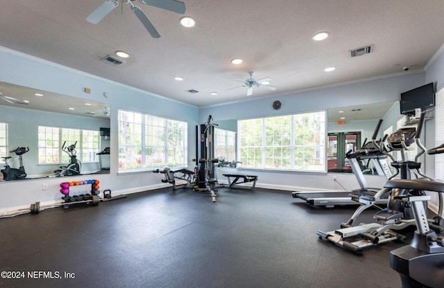 workout area with ceiling fan, a textured ceiling, and crown molding