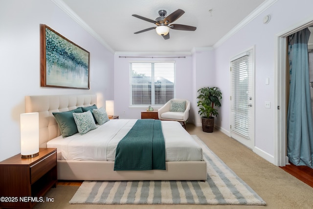 bedroom with access to outside, carpet floors, ceiling fan, and crown molding