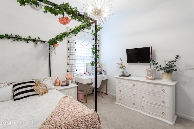 bedroom featuring light colored carpet