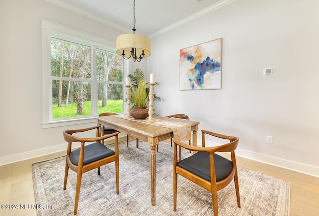 dining space featuring light wood-type flooring, ornamental molding, a wealth of natural light, and an inviting chandelier