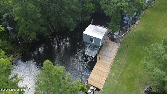 drone / aerial view featuring a water view