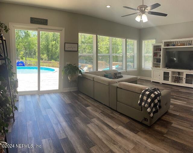 living room featuring dark hardwood / wood-style floors, plenty of natural light, and ceiling fan