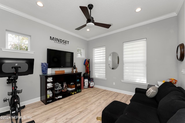 living room featuring light hardwood / wood-style floors, a healthy amount of sunlight, crown molding, and ceiling fan