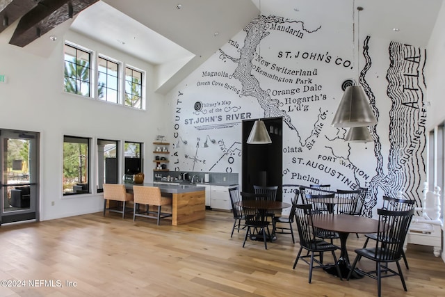 dining room featuring a high ceiling and light hardwood / wood-style flooring