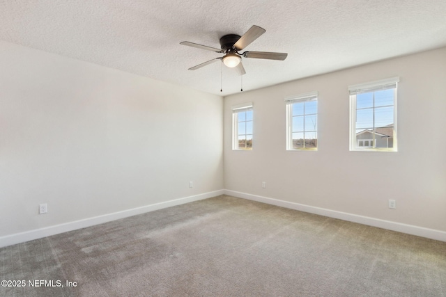 empty room with carpet flooring, a wealth of natural light, ceiling fan, and a textured ceiling