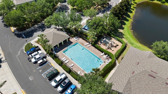 drone / aerial view featuring a water view