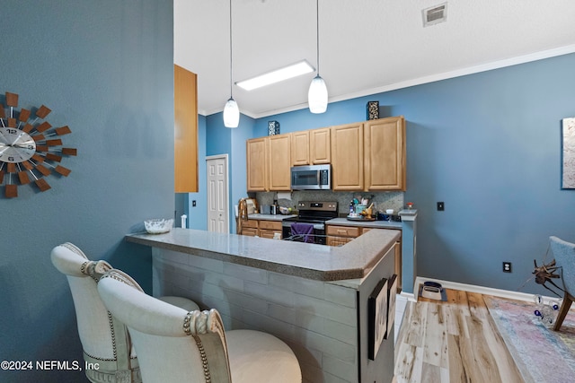 kitchen with appliances with stainless steel finishes, kitchen peninsula, light hardwood / wood-style floors, and pendant lighting