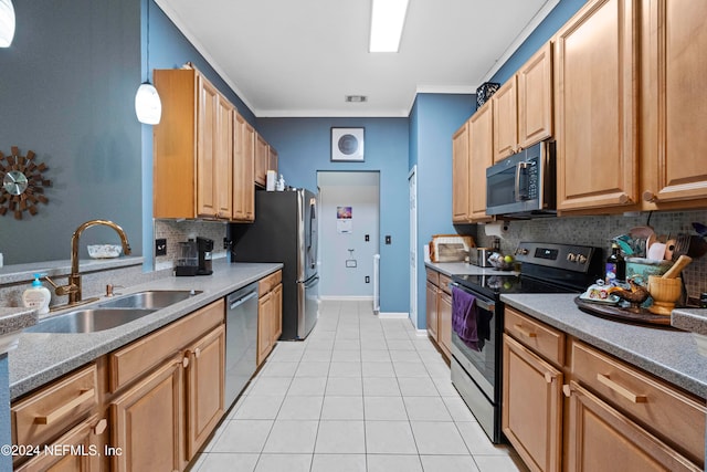 kitchen with appliances with stainless steel finishes, sink, backsplash, hanging light fixtures, and ornamental molding