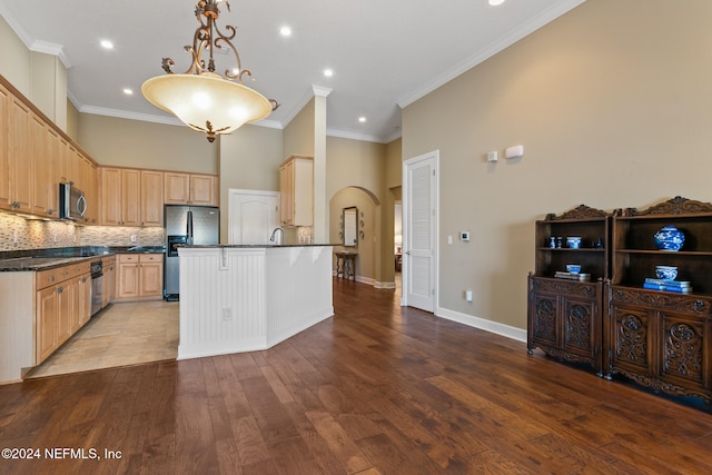 kitchen with appliances with stainless steel finishes, light hardwood / wood-style floors, light brown cabinetry, and pendant lighting